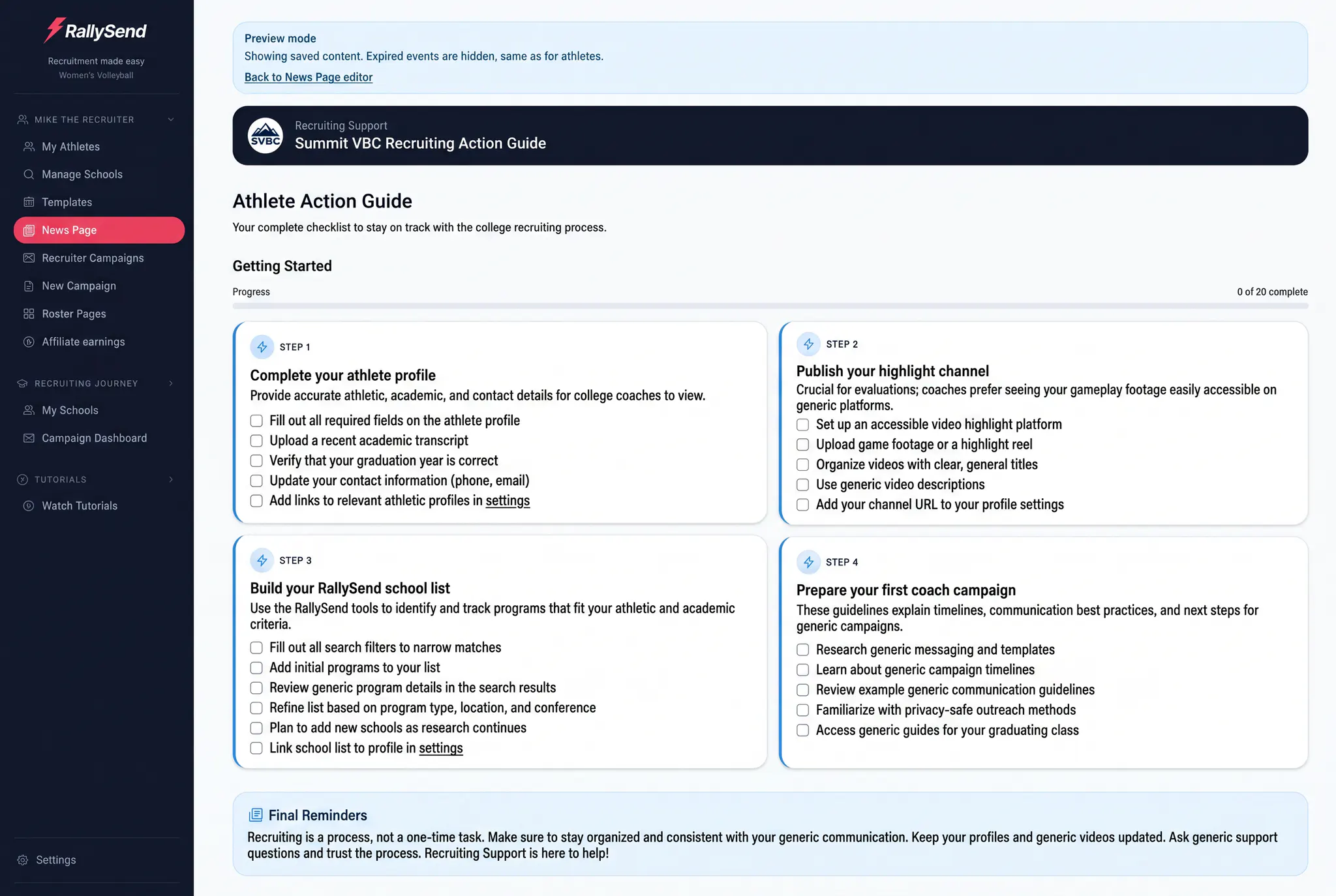 Privacy-safe RallySend athlete recruiting action guide