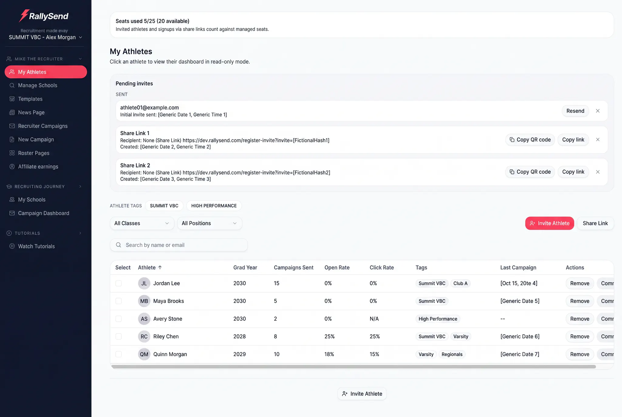Privacy-safe RallySend club dashboard showing athlete seats, invites, tags, and engagement