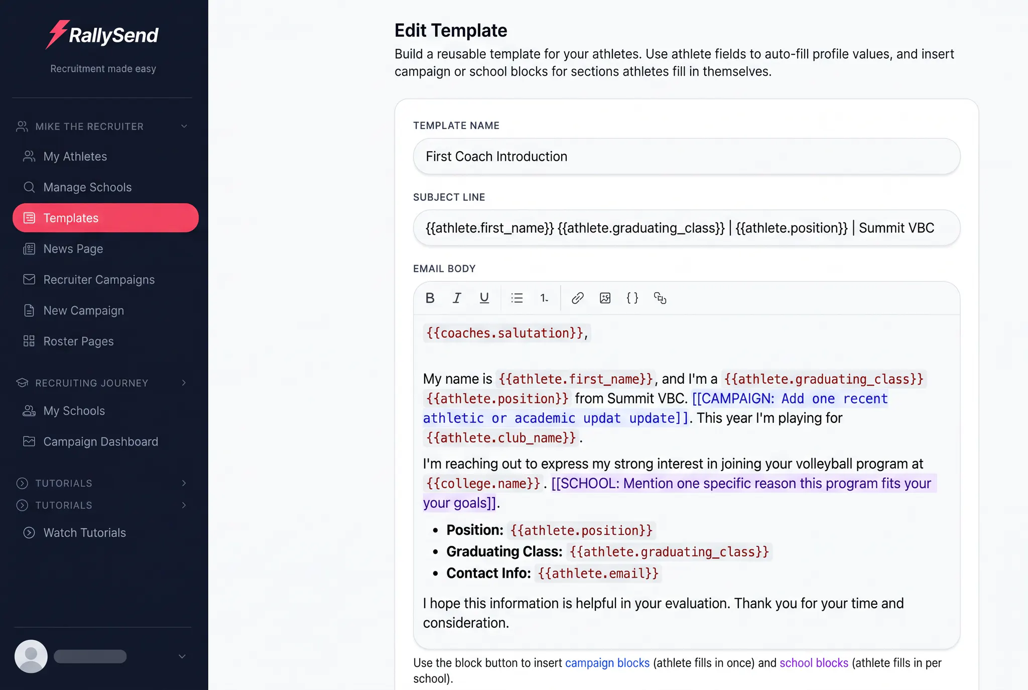 Privacy-safe RallySend recruiter template builder